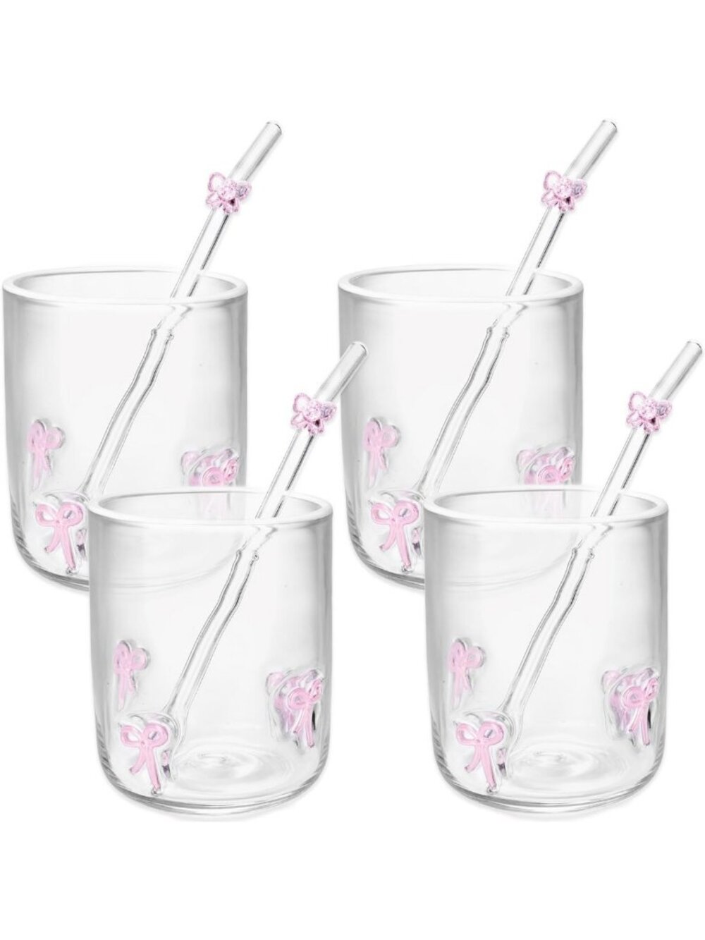 4 Set 14 oz Pink Bow Juice Glasses with Straws - Aesthetic Handblown Cups for